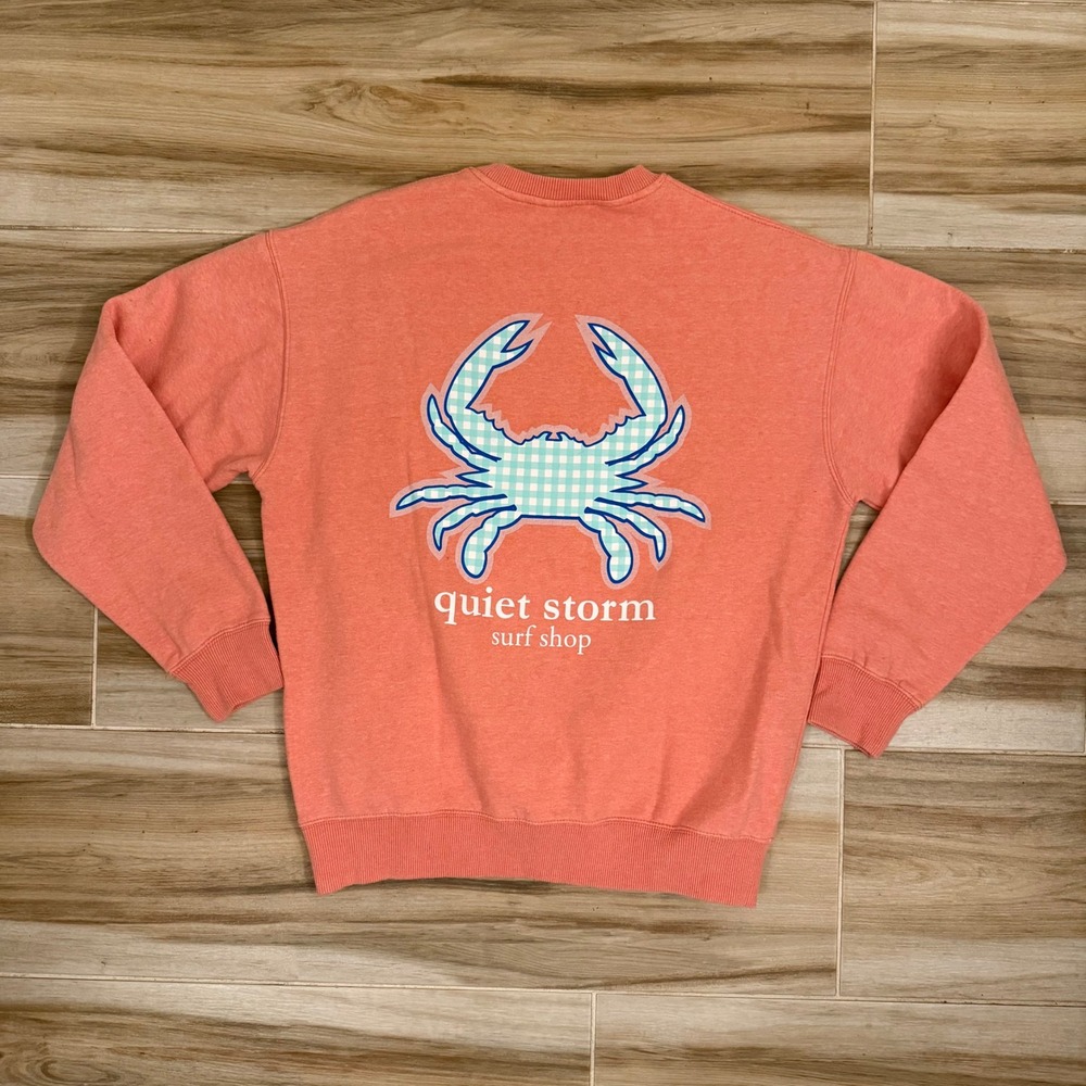 Quiet Storm Surf Shop Coral Pink Gingham Crab Graphic Crewneck Sweatshirt Medium - Picture 3 of 7